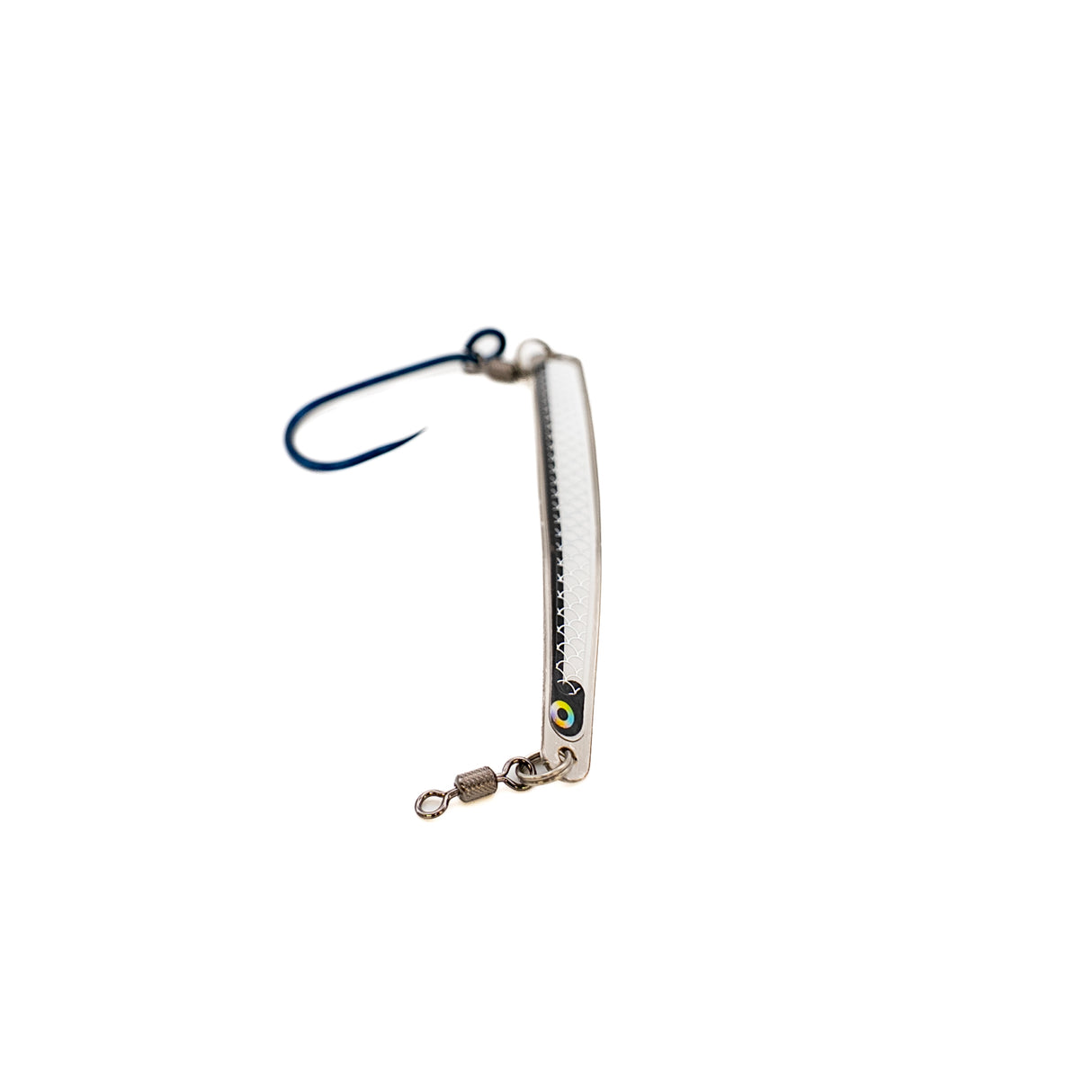 Thunder Spoon 4 inch salmon trolling spoon in silver scale pattern with glow eye, single siwash hook and stainless swivel, made in BC