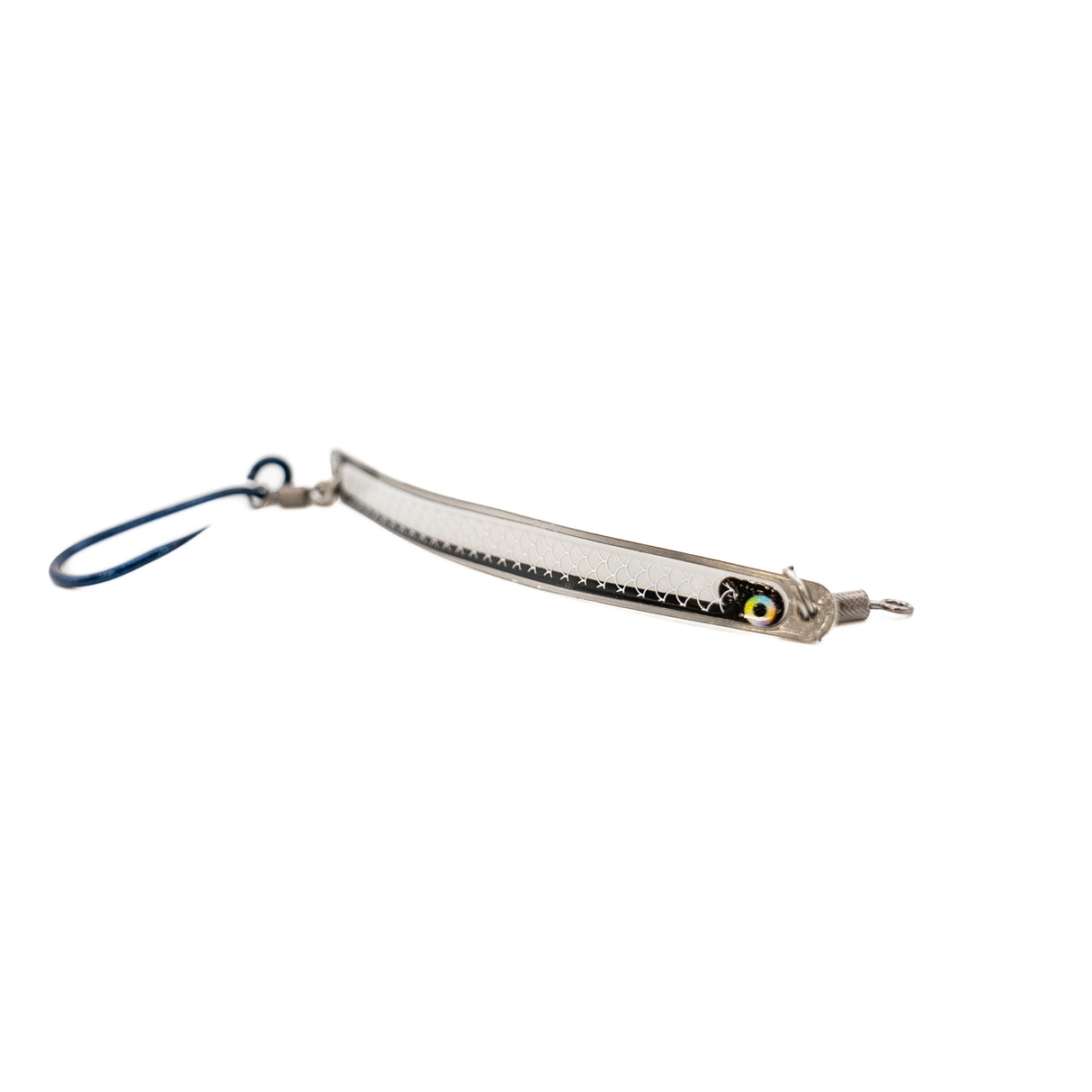 Thunder Spoon 4 inch salmon trolling spoon in silver with scale pattern, glow eye detail, stainless hardware and single siwash hook, made in BC