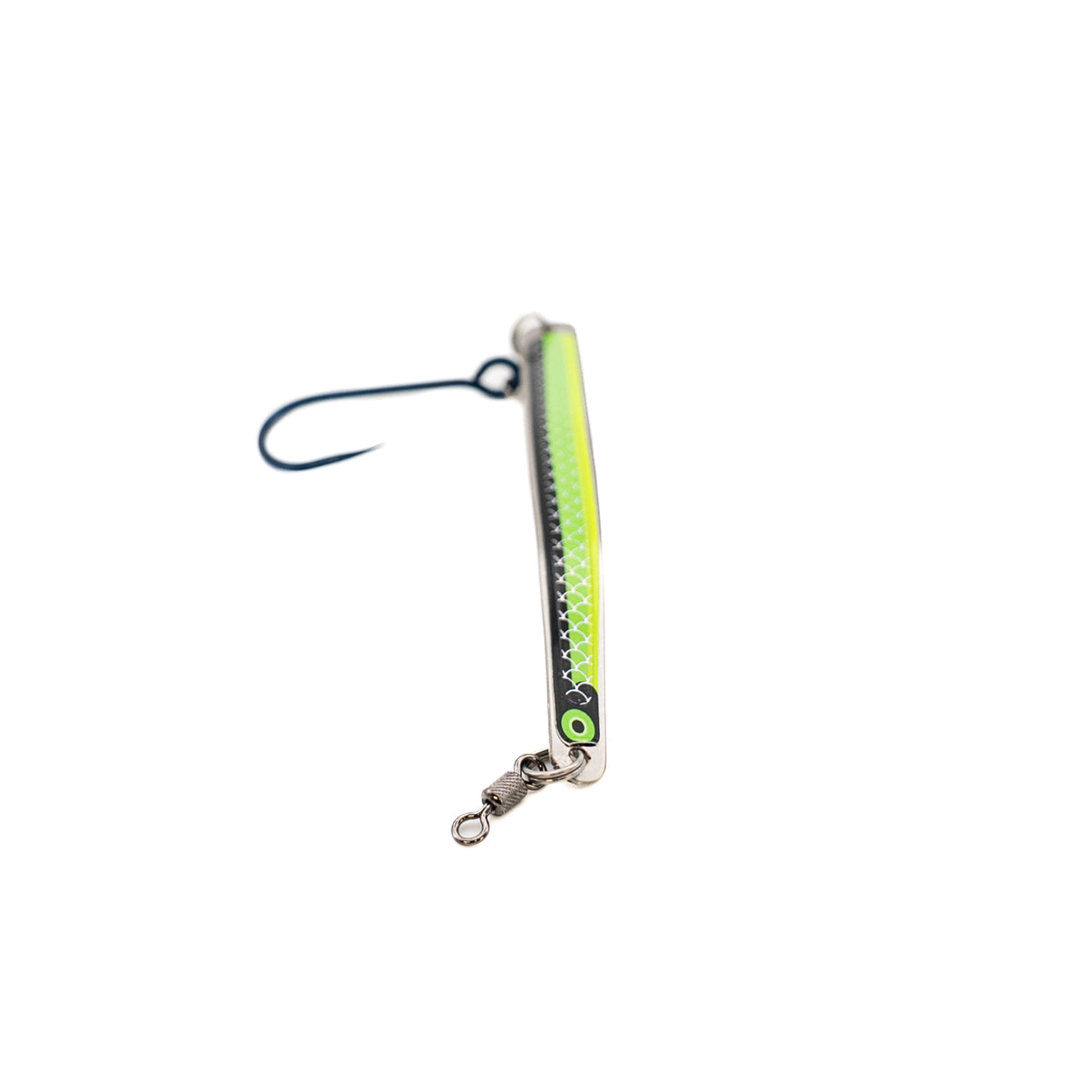 Fishing lure with a green and silver design on a white background