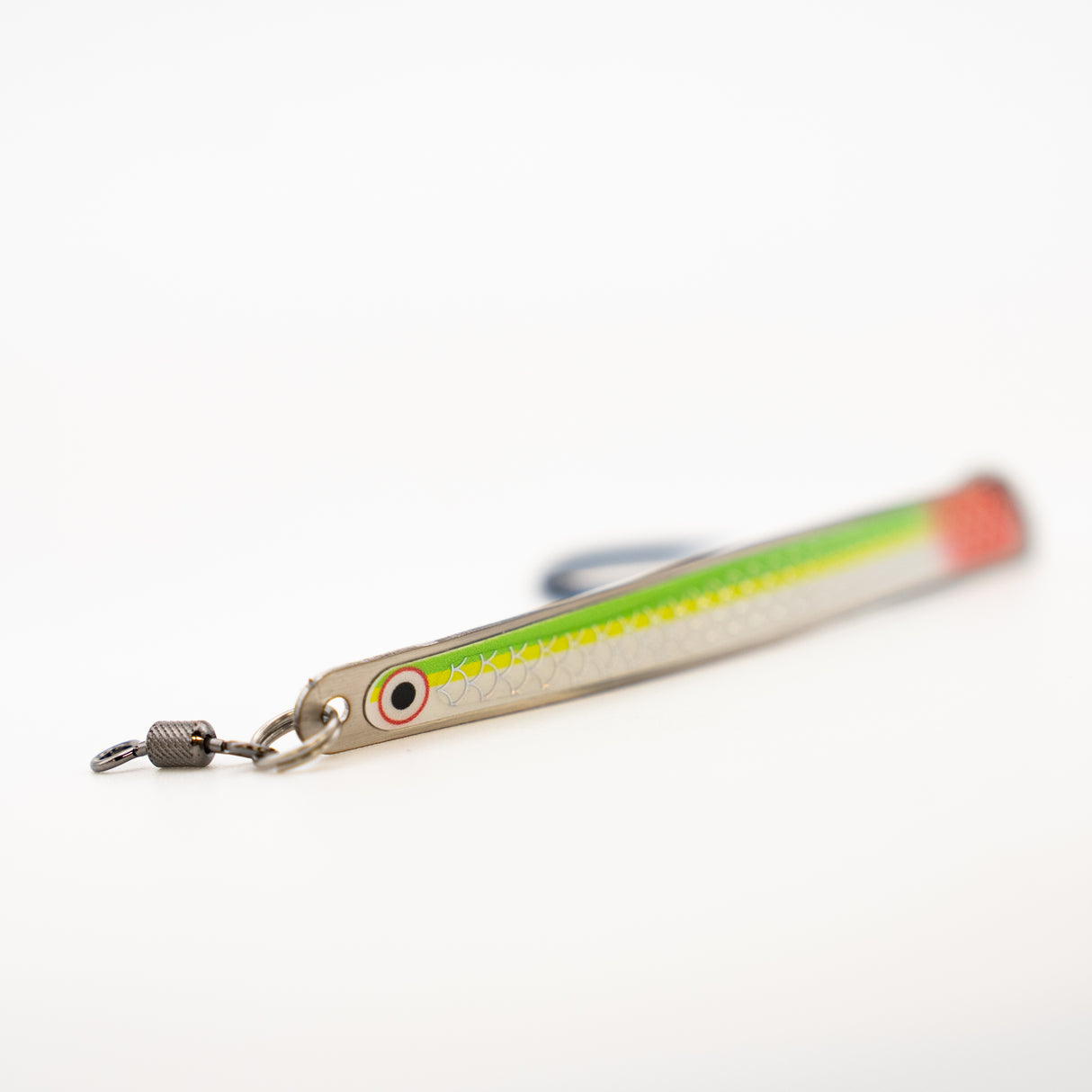 Thunder Spoon 4 inch salmon trolling spoon in silver scale finish with chartreuse stripe and red nose accent, glow eye detail and stainless swivel, made in BC