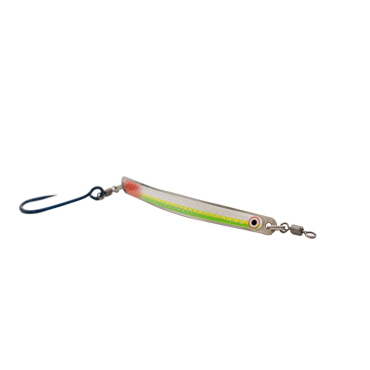 Thunder Spoon 4 inch salmon trolling spoon in silver with chartreuse stripe and red accent, glow eye detail, stainless swivel and single siwash hook, made in BC