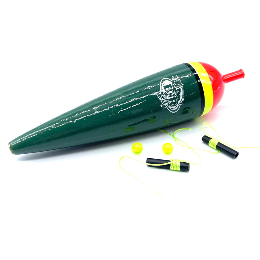 Green and red fishing float with yellow bobbers on a white background