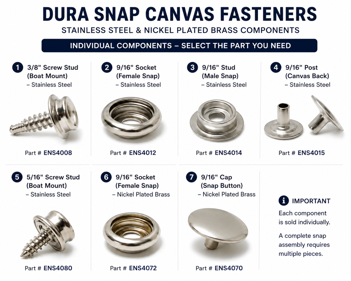 Dura Snap marine canvas fastener component guide showing stainless steel and nickel plated brass screw studs, sockets, studs, posts, and snap caps for boat cover and marine canvas repairs.
