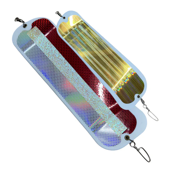 Fishing lure with reflective surface on a white background