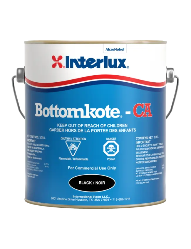 Interlux Bottomkote CA antifouling marine paint can in black, 3.78L