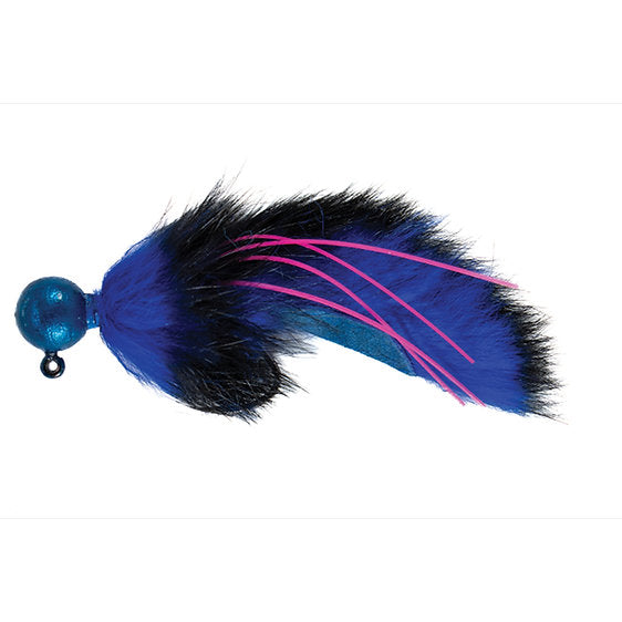 Fishing lure with blue and black feathers on a white background