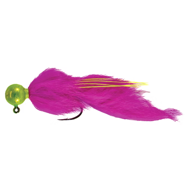 Fishing lure with pink skirt and green body on a white background