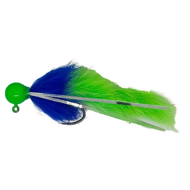 Fishing lure with blue and green colors on a white background