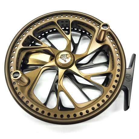 Gold and black fishing reel on a white background Kingpin Zodiac 500 Centerpin Reel - Special Edition Black & Green/Gold