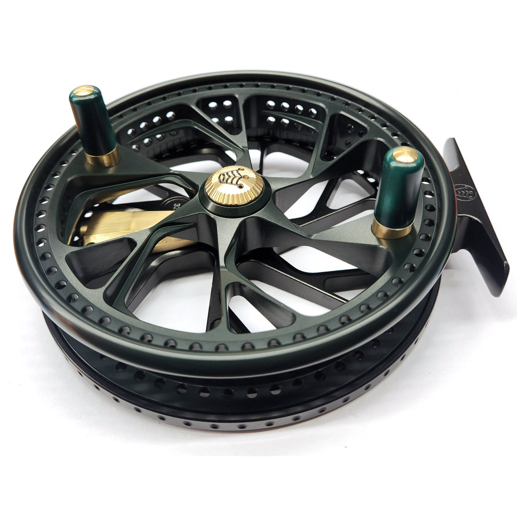 Fishing reel with green and black design on a white background Kingpin Zodiac 500 Centerpin Reel - Special Edition Black & Green
