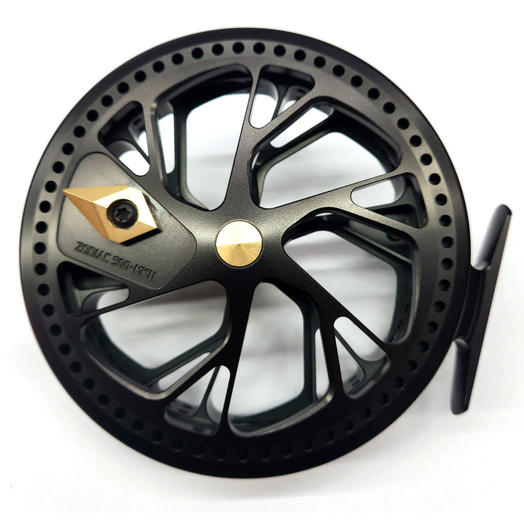 Black and gold fly fishing reel on a white background Kingpin Zodiac 500 Centerpin Reel - Special Edition Black & Green