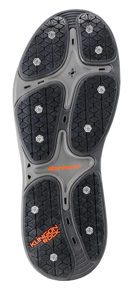 Close-up of a shoe sole with tread pattern and brand logo on a white background