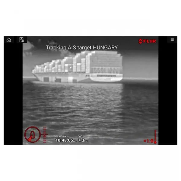 A grayscale screenshot showing a large container ship on water with overlaid tracking interface elements and the text 'Tracking AIS target HUNGARY' and a visible FLIR logo.