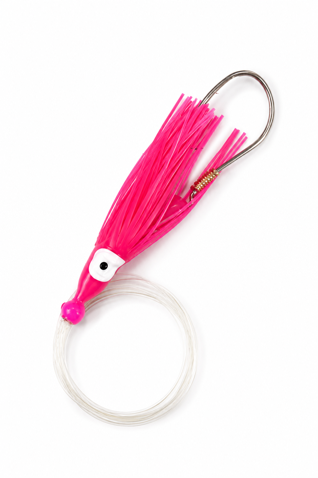 A bright pink fishing lure with a clear plastic loop, white and black googly eye, and a silver metal hook, shown on a plain white background.