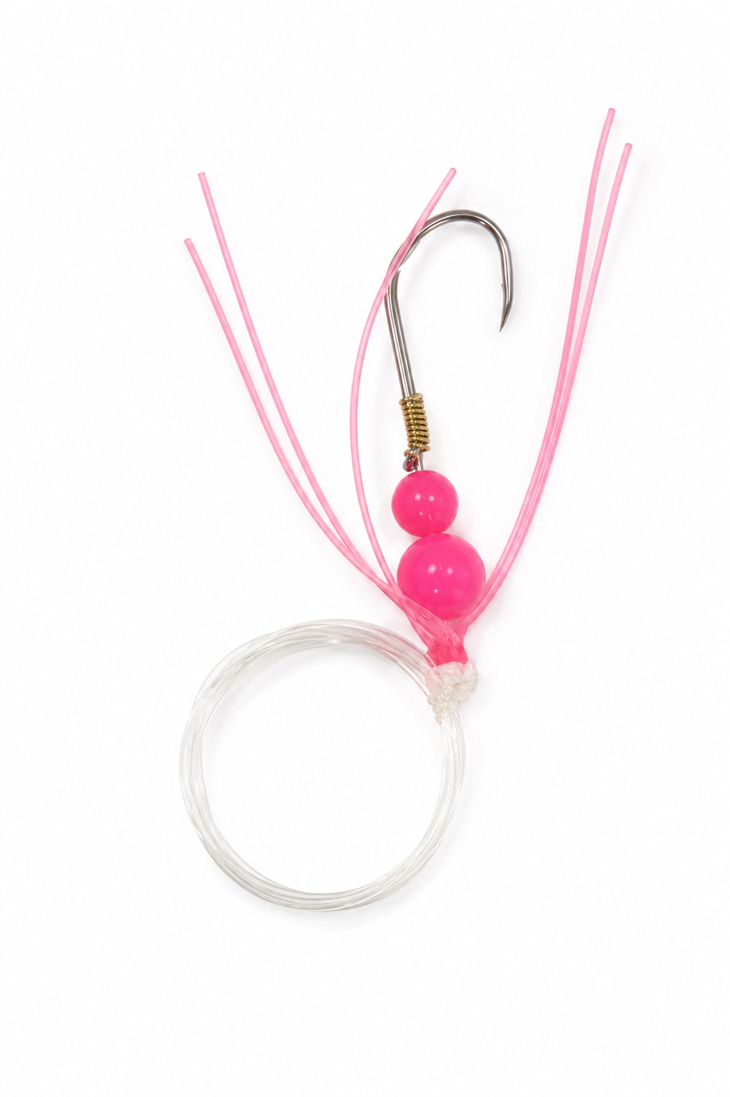 A pink and white fishing jig lure with a silver hook, two pink beads, and a clear plastic coil on a white background.