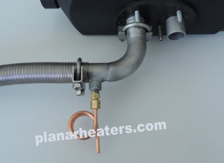 Planar P24-009 24 mm exhaust elbow with condensation drain installed on a diesel heater