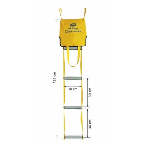 Plastimo Safety Ladder fully deployed from high-visibility yellow storage bag for emergency boat reboarding.