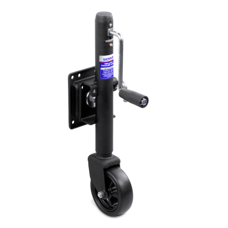 Black trailer hitch with a blue label on a white background