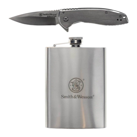 Smith & Wesson knife and flask on a white background