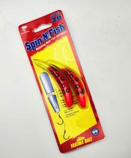 Spin-N-Fish fishing lure packaging with red and white design on a white background