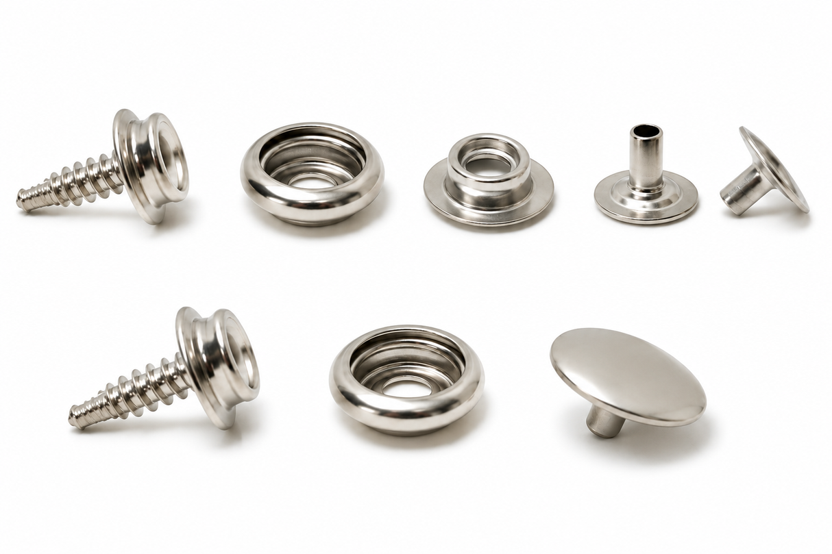 Stainless steel marine canvas snap fastener components including screw studs, sockets, studs, posts, and caps for boat covers and marine canvas repairs.