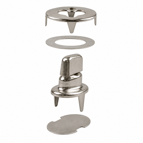 Stainless steel marine canvas turn button fastener kit with turn button, eyelet, backing washer, and prong components for securing boat covers and canvas enclosures.