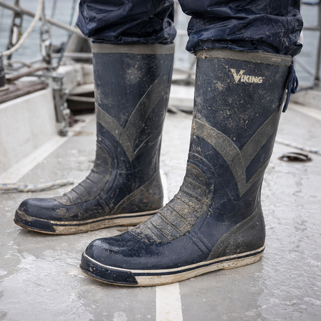 Viking Mariner navy yacht boots worn on a wet boat deck with light dirt and salt spray showing real marine use conditions