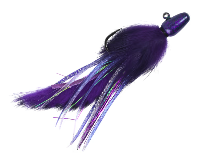 Purple fishing lure with multicolored skirt on a white background