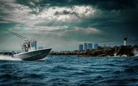 Boat with radar dome and antennas navigating Canadian waters near harbor entrance.