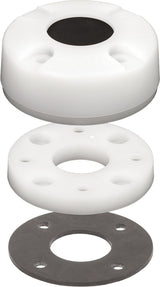 Three circular components, two white and one gray, stacked on a white background.