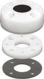 Three circular components, two white and one gray, stacked on a white background.