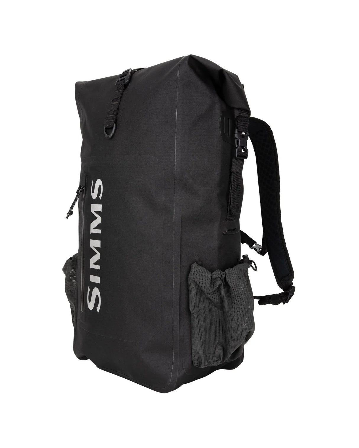 Black backpack with 'Simms' logo on a white background