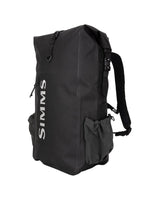 Black backpack with 'Simms' logo on a white background