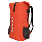 Orange backpack with black straps and Simms logo on a white background