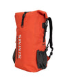 Orange backpack with black straps and Simms logo on a white background