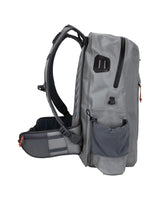 Gray backpack with multiple compartments on a white background
