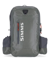 Gray backpack with SIMMS logo on a white background
