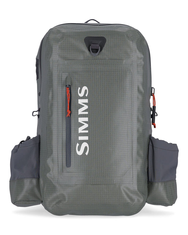 Gray backpack with SIMMS logo on a white background