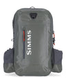 Gray backpack with SIMMS logo on a white background