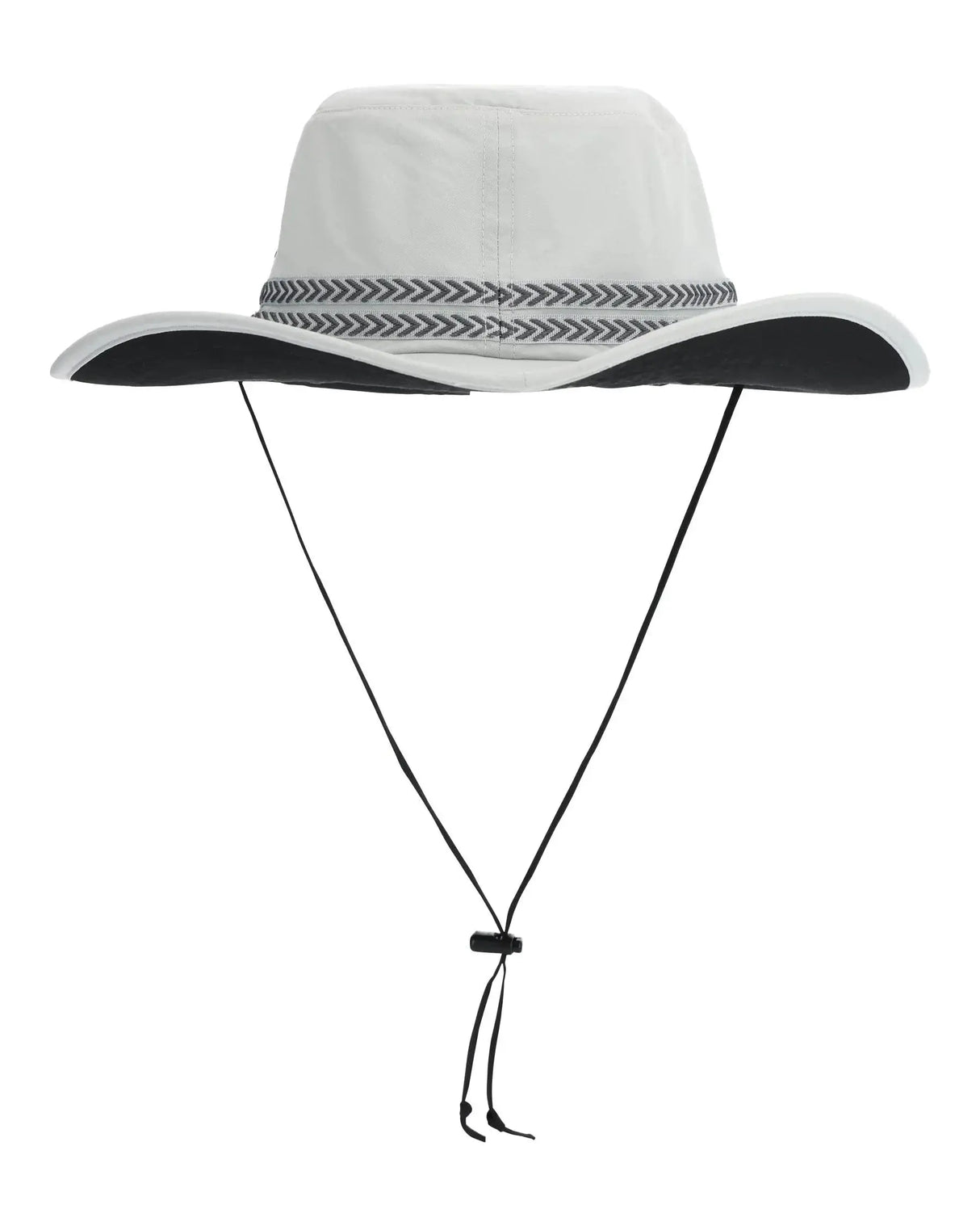 Wide brim solar sombrero hat in light grey with patterned band and adjustable chin strap on white background