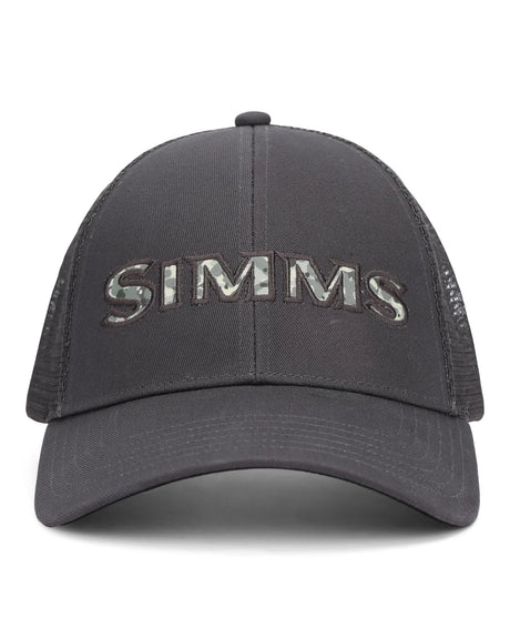 Black cap with 'Simms' logo on a white background
