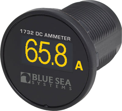 DC ammeter with digital display showing 65.8 A, branded as Blue Sea Systems.