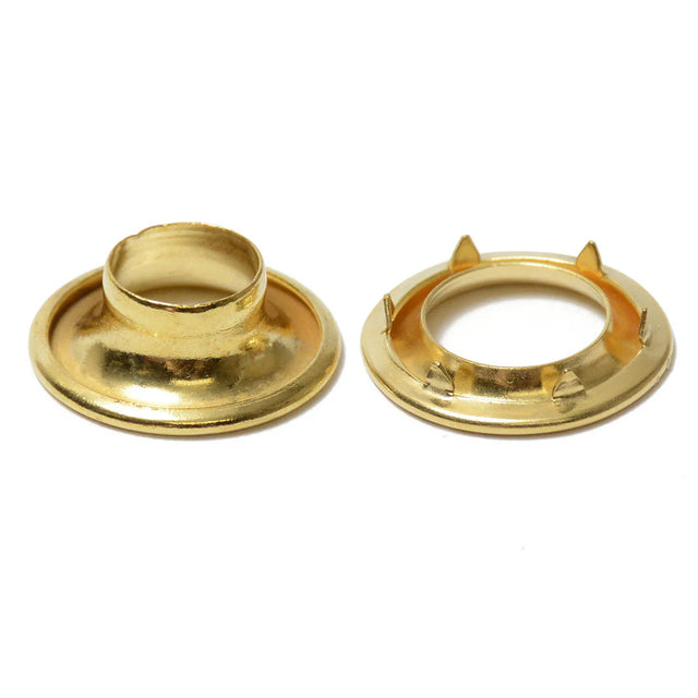 Brass rolled rim spur grommet and matching spur washer for marine canvas and tarp installation