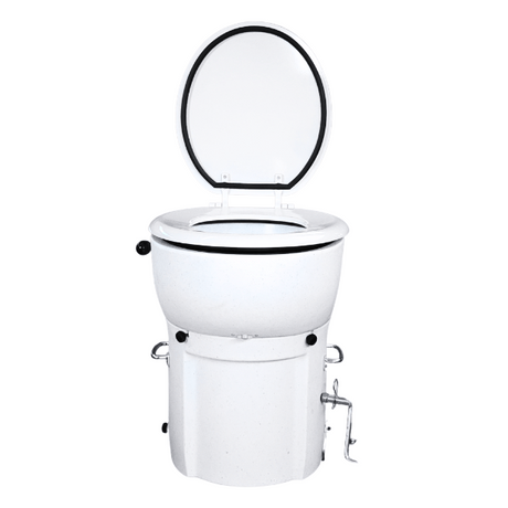 A white portable toilet with an open black-rimmed lid, shown against a plain white background.