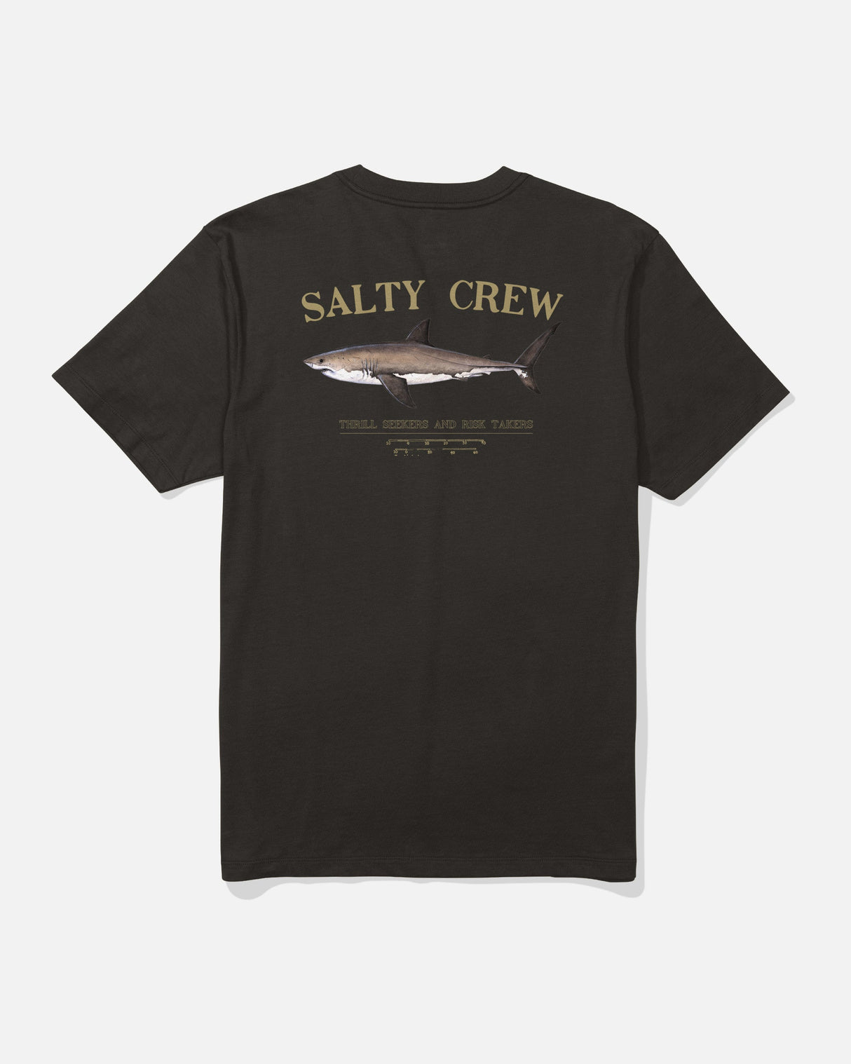 The Salty Crew Bruce Tee - Black features combed ringspun cotton, SALTY CREW lettering at the top, an illustrated fish in the center, and “THRILL SEEKERS AND RISK TAKERS” screenprinted below.