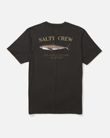 The Salty Crew Bruce Tee - Black features combed ringspun cotton, SALTY CREW lettering at the top, an illustrated fish in the center, and “THRILL SEEKERS AND RISK TAKERS” screenprinted below.