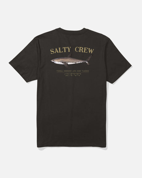 The Salty Crew Bruce Tee - Black features combed ringspun cotton, SALTY CREW lettering at the top, an illustrated fish in the center, and “THRILL SEEKERS AND RISK TAKERS” screenprinted below.