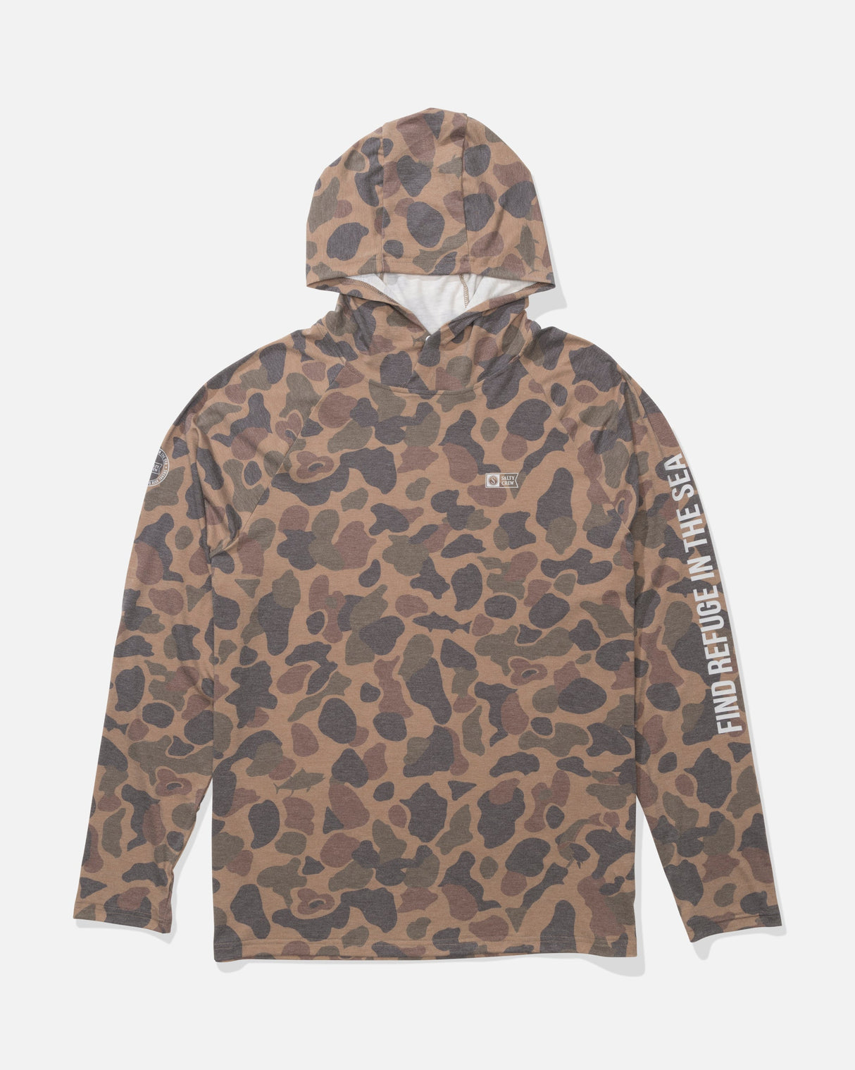 Front view of the Mariner Lite UV Hood - Tan Camo. 