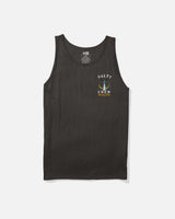 The Salty Crew Tailed Tank - Black is a soft spun cotton t-shirt tank featuring a small screenprint logo with two fish hooks and "Company 2014" on the left chest, shown against a plain white background.