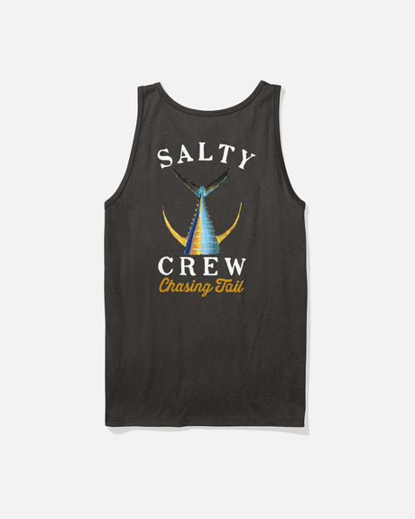 The Salty Crew Tailed Tank in black is a cotton t-shirt tank top featuring "Salty Crew Chasing Tail" and a screenprint of a fish tail above ocean waves on the back.